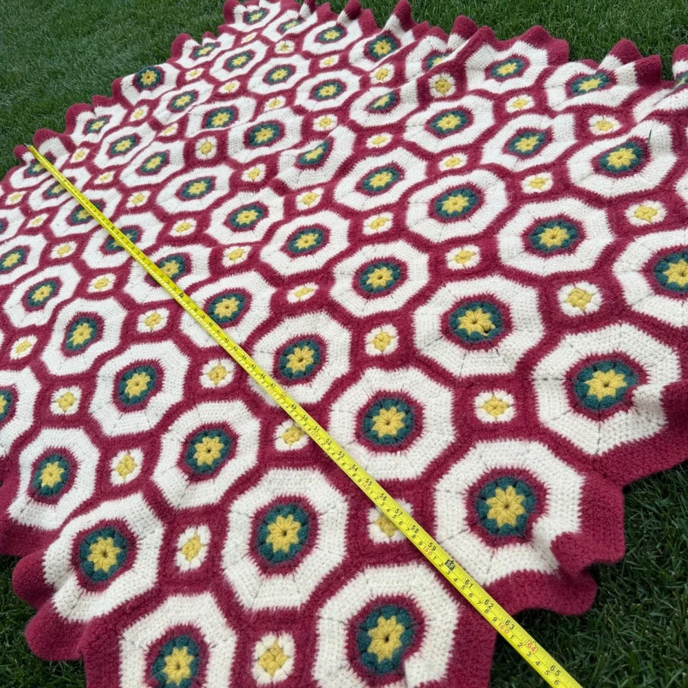 Vintage Handmade Wool Crochet Hexagon Blanket Burgundy Cream Floral Throw 64x48